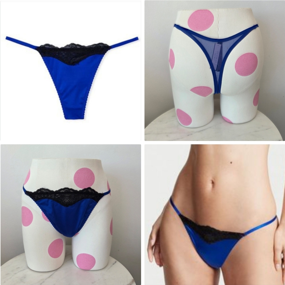 Victoria's Secret Very Sexy Strappy Satin  Lace Thong Panty NWT Blue Oar